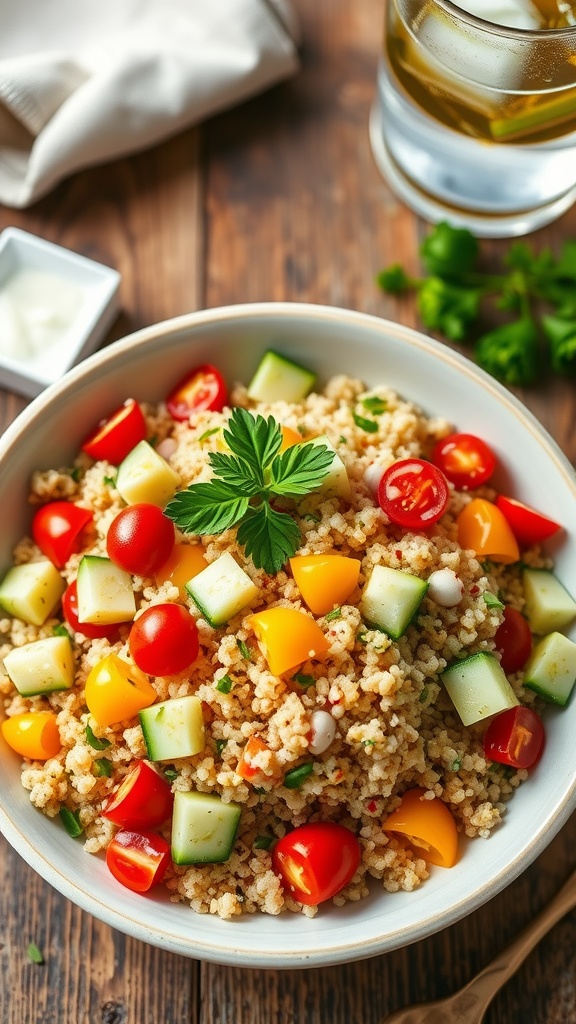 A colorful quinoa salad with cucumbers, cherry tomatoes, and bell peppers dressed with lemon vinaigrette.